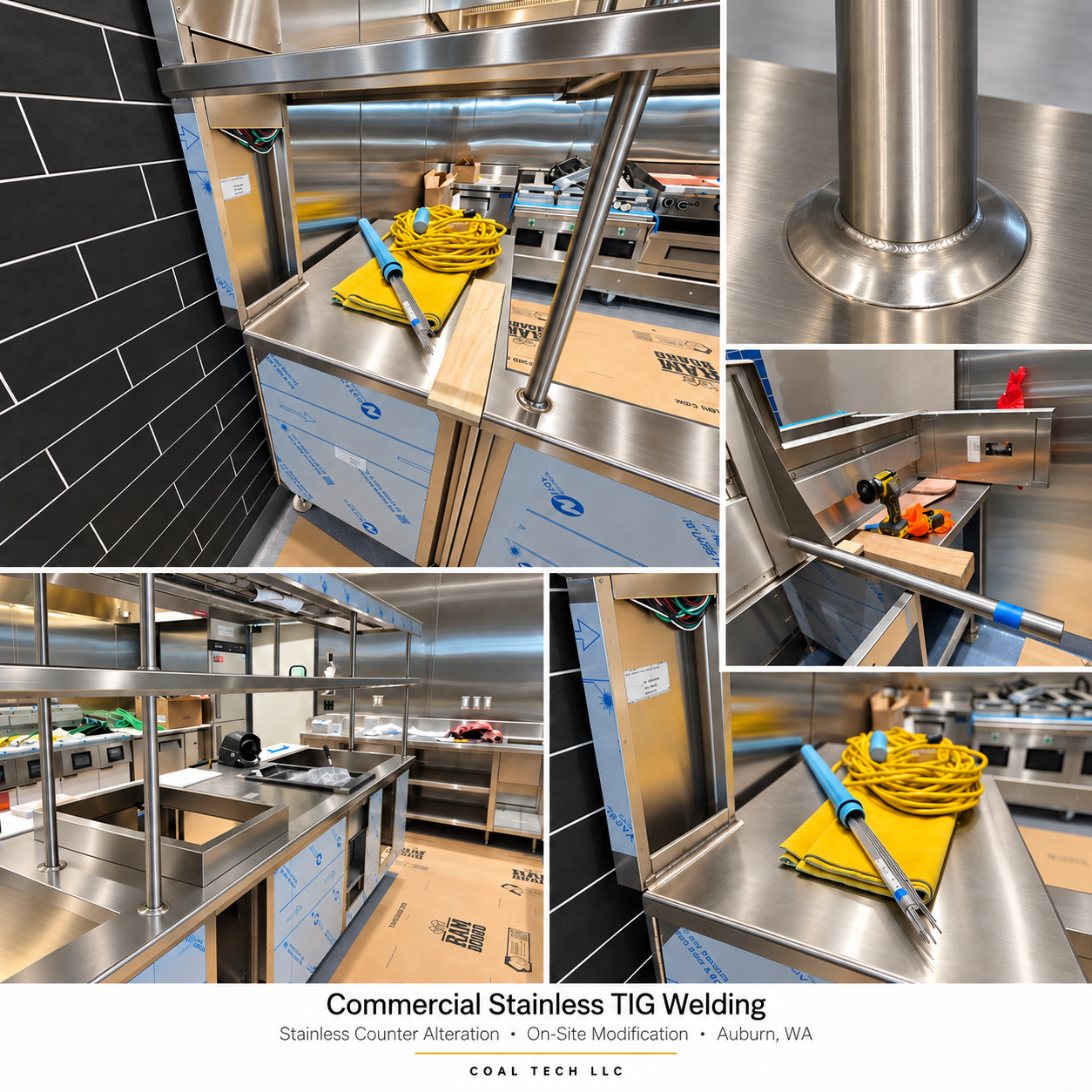 Commercial stainless steel TIG welding — kitchen counter alteration, Auburn, WA
