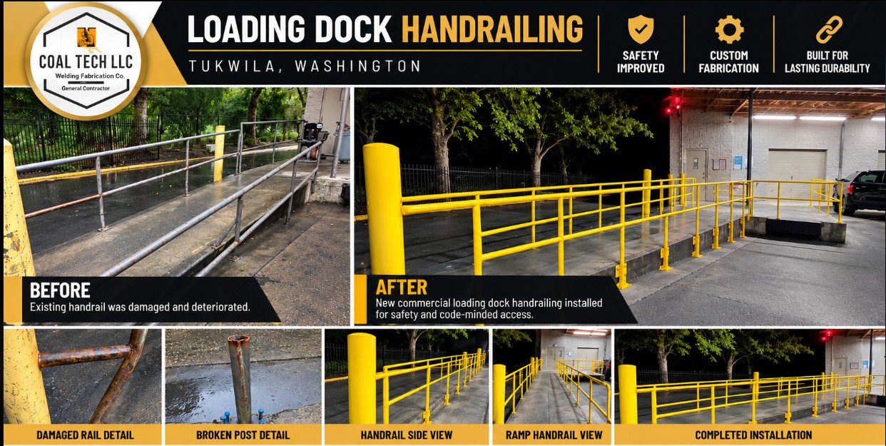 Before and after: Commercial loading dock handrail repair and replacement — Tukwila, WA