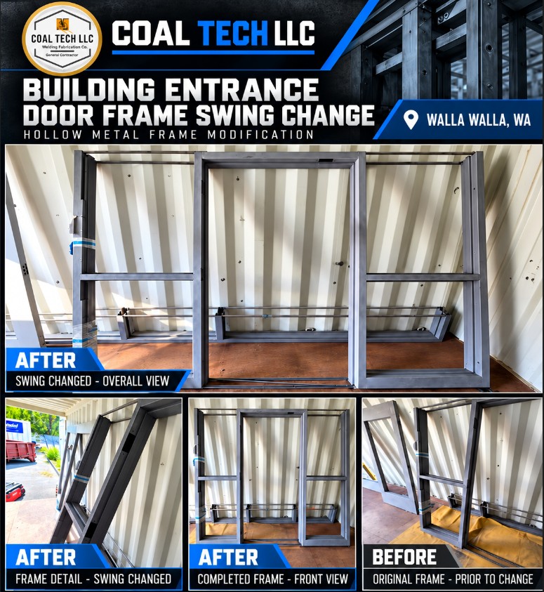 Before and after: Building entrance door frame swing change — Walla Walla, WA